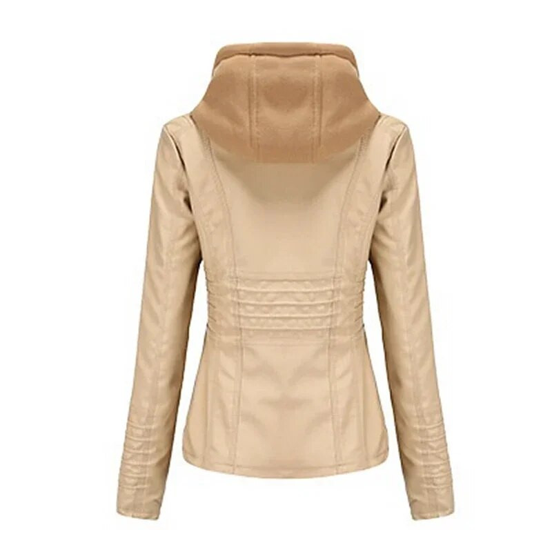 Naiste kunstnahast jope 2023. aasta kevadkapuutsiga Moto Biker tõmblukuga jope Uus ülerõivastes, sügisene aprikoosi must valge punane pruun XS