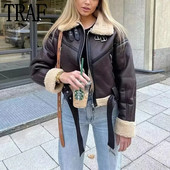 Dámska skrátená bunda z umelej kože TRAF, obojstranná flísová krátka bunda s dlhým rukávom a dlhým rukávom, zimná dámska studená bunda