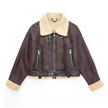TRAF Cropped Faux Leather Jacket Γυναικείο διπλό πρόσωπο Fleece Κοντό μπουφάν Γυναικείο Faux Shearl μακρυμάνικο χειμερινό Γυναικείο κρύο παλτό