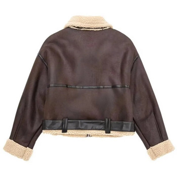 TRAF Cropped Faux Leather Jacket Γυναικείο διπλό πρόσωπο Fleece Κοντό μπουφάν Γυναικείο Faux Shearl μακρυμάνικο χειμερινό Γυναικείο κρύο παλτό