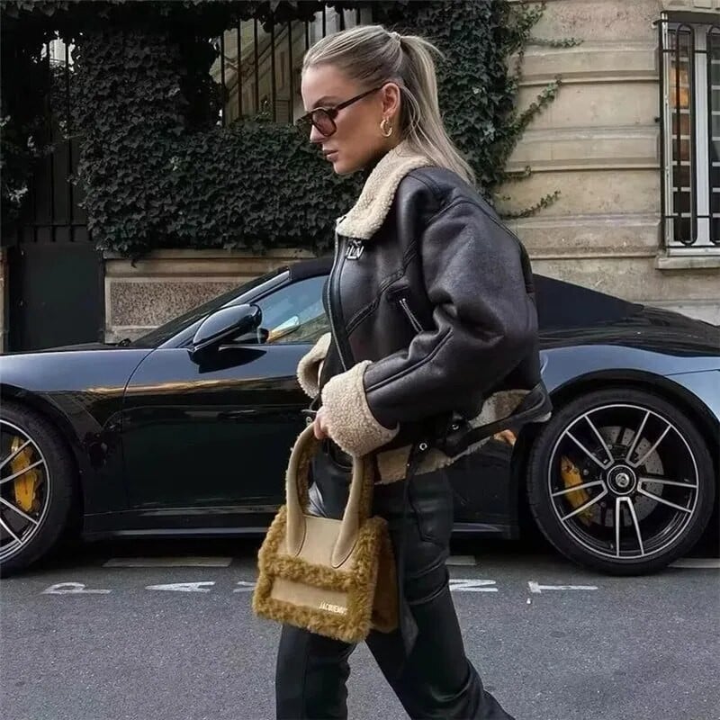 Dámska skrátená bunda z umelej kože TRAF, obojstranná flísová krátka bunda s dlhým rukávom a dlhým rukávom, zimná dámska studená bunda