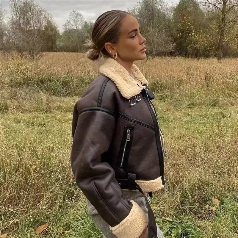 Dámska skrátená bunda z umelej kože TRAF, obojstranná flísová krátka bunda s dlhým rukávom a dlhým rukávom, zimná dámska studená bunda