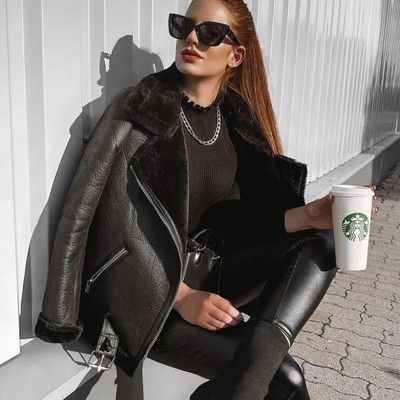 Suninheart Jachetă de blană artificială pentru femei, cu centură, îmbrăcăminte de stradă, pentru femei, motociclist, haină groasă, la modă, toamnă, iarnă.