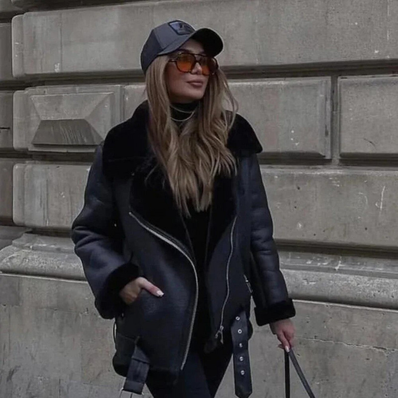 Suninheart Jachetă de blană artificială pentru femei, cu centură, îmbrăcăminte de stradă, pentru femei, motociclist, haină groasă, la modă, toamnă, iarnă.