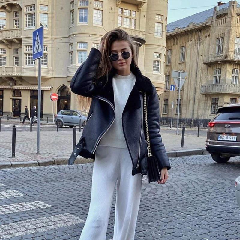 Suninheart Jachetă de blană artificială pentru femei, cu centură, îmbrăcăminte de stradă, pentru femei, motociclist, haină groasă, la modă, toamnă, iarnă.