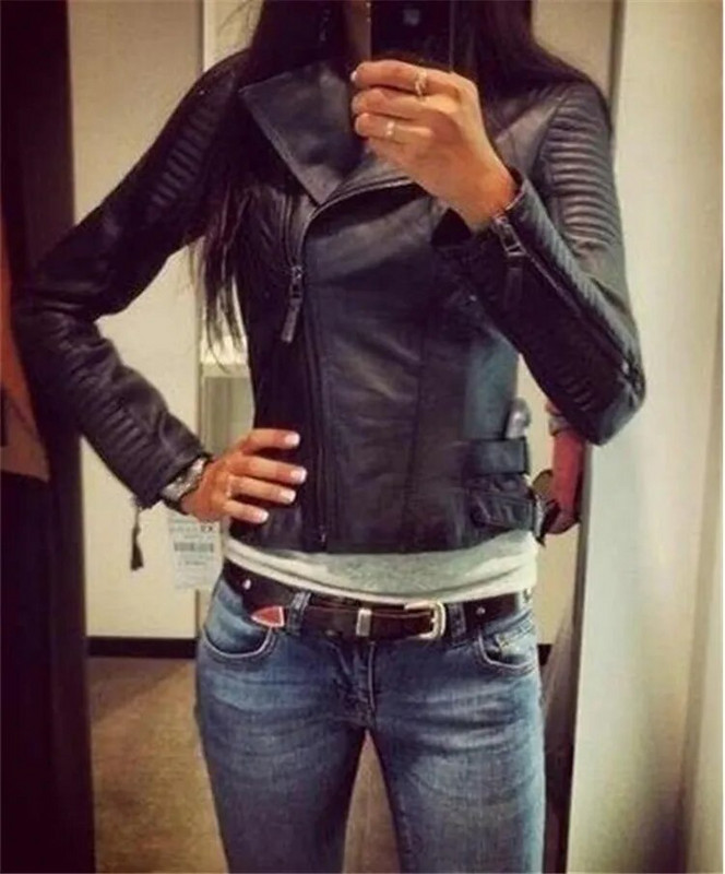 Sieviešu ādas jakas 2018. gada Jauna, melna, slaida Moto Bikeru jaka Sieviešu ar garām piedurknēm rāvējslēdzējs pavasara rudens virsdrēbes, ādas mēteļi
