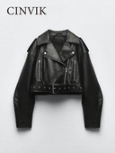 Jachetă de piele pentru femei Jachetă scurtă din faux Pu, cu centură, haină de primăvară toamnă, motociclist, cu fermoar, rever, haine largi
