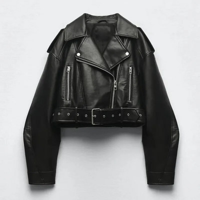 Jachetă de piele pentru femei Jachetă scurtă din faux Pu, cu centură, haină de primăvară toamnă, motociclist, cu fermoar, rever, haine largi