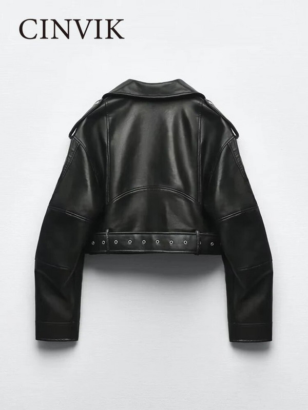 Jachetă de piele pentru femei Jachetă scurtă din faux Pu, cu centură, haină de primăvară toamnă, motociclist, cu fermoar, rever, haine largi