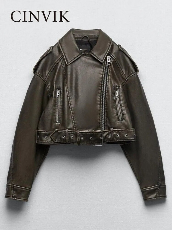 Jachetă de piele pentru femei Jachetă scurtă din faux Pu, cu centură, haină de primăvară toamnă, motociclist, cu fermoar, rever, haine largi