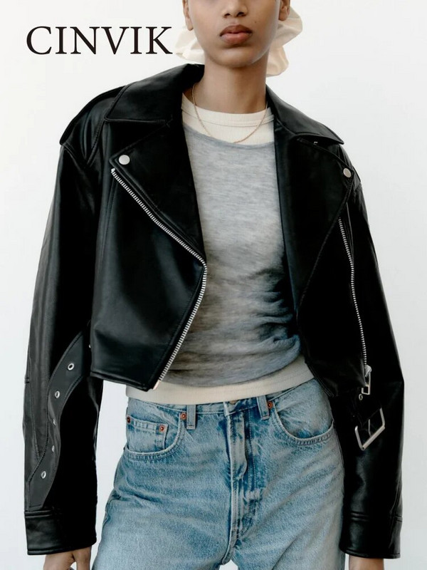 Jachetă de piele pentru femei Jachetă scurtă din faux Pu, cu centură, haină de primăvară toamnă, motociclist, cu fermoar, rever, haine largi
