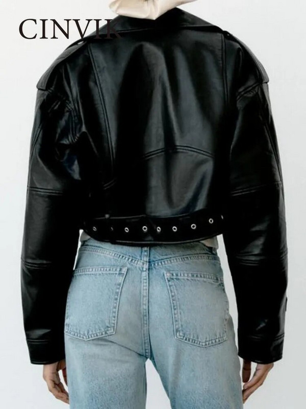 Jachetă de piele pentru femei Jachetă scurtă din faux Pu, cu centură, haină de primăvară toamnă, motociclist, cu fermoar, rever, haine largi