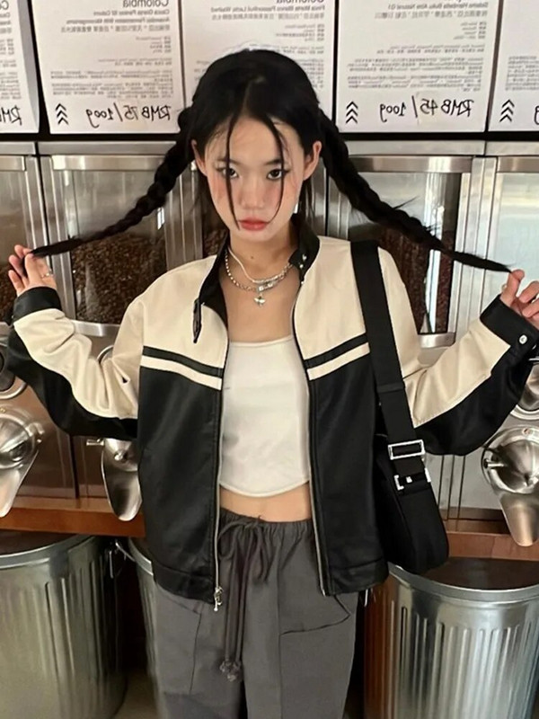 Tonngirls odinė striukė, moteriška laisvalaikio PU Y2k vintažinė striukė, moteriška gatvių apranga Amerikos retro lokomotyvų paltai, odiniai