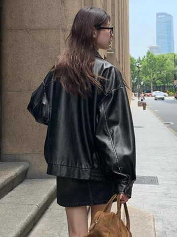 Vintage κοντό δερμάτινο μπουφάν Moto Χειμερινό Ζεστό Γυναικείο Φαρδύ δερμάτινο κοστούμι Blazers Streetwear Γυναικεία μόδα Κορεάτικα Thin Biker Coats