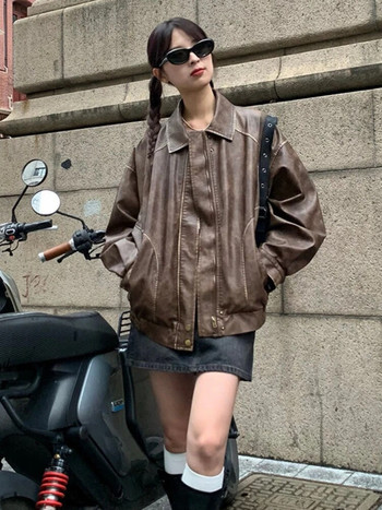 Vintage κοντό δερμάτινο μπουφάν Moto Χειμερινό Ζεστό Γυναικείο Φαρδύ δερμάτινο κοστούμι Blazers Streetwear Γυναικεία μόδα Κορεάτικα Thin Biker Coats