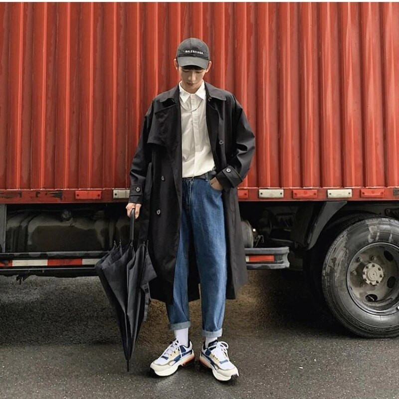 Gmiixder Kpop Windbreaker meeste Korea trendi keskmise pikkusega ilus üle põlve mantel Briti sügistalvine paarile mõeldud elegantne mantel