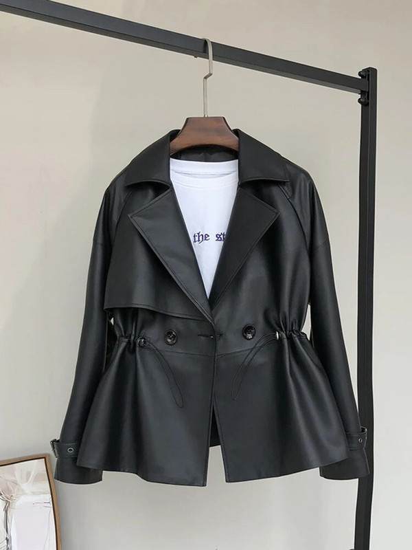 Trench Nerazzurri de primăvară, scurt, moale, din piele artificială, pentru femei, mâneci raglan, rever cu șnur, modă