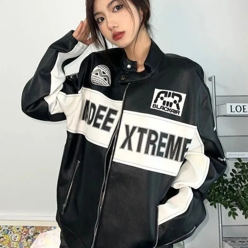 Ādas jakas Izšuvumi ar rāvējslēdzēju Unisex Vīriešu burtu izšuvumi Īsi Bomber Racing Rudens korejiešu modes vintage virsdrēbes 2023