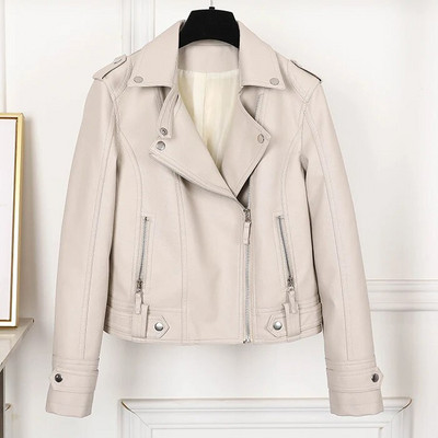 Dámska bunda z umelej kože béžová, ležérna, štíhla, motocyklová, motorkárska, kožená bunda, dámska punková streetwear, jarná jesenná bunda