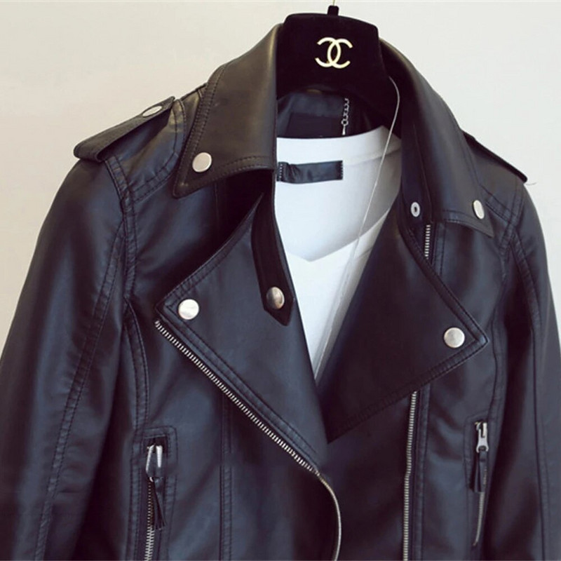 Dámska bunda z umelej kože béžová, ležérna, štíhla, motocyklová, motorkárska, kožená bunda, dámska punková streetwear, jarná jesenná bunda