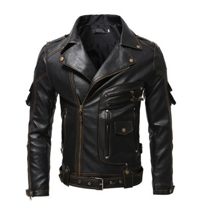 Vintage Ghost Rider Μοτοσικλέτα με φερμουάρ σακάκι πέτο Pu Parka Plus Size Fat Singer Show Leather Man