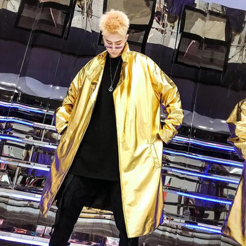 Performance Long Trench Coat Men Shiny Night Club Stage Dance Men Cloak Cape Coat Long Sleeve Capote Masculino Gold Silver XXL