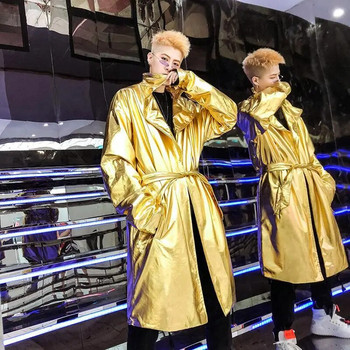 Performance Long Trench Coat Men Shiny Night Club Stage Dance Men Cloak Cape Coat Long Sleeve Capote Masculino Gold Silver XXL