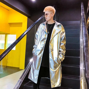 Performance Long Trench Coat Men Shiny Night Club Stage Dance Men Cloak Cape Coat Long Sleeve Capote Masculino Gold Silver XXL