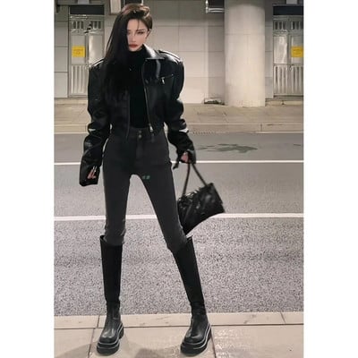 Krátka motocyklová kožená bunda na jar a jeseň, dámska dlhá rukávová traffic dámska kožená bunda Leather & Skin