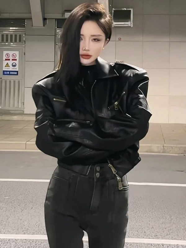 Krátka motocyklová kožená bunda na jar a jeseň, dámska dlhá rukávová traffic dámska kožená bunda Leather & Skin