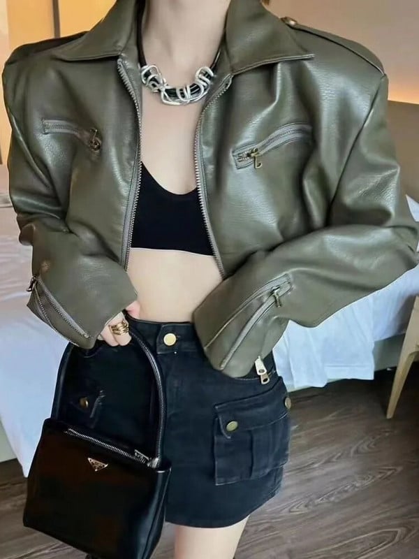 Krátka motocyklová kožená bunda na jar a jeseň, dámska dlhá rukávová traffic dámska kožená bunda Leather & Skin