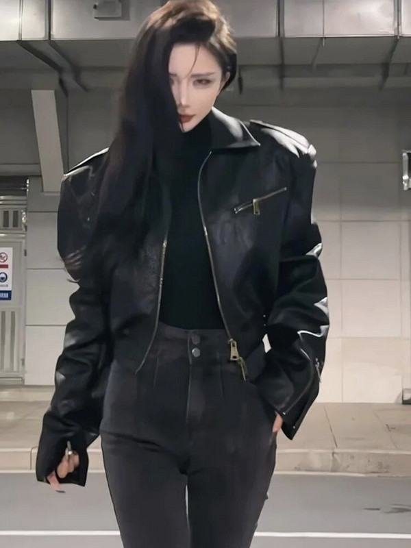 Krátka motocyklová kožená bunda na jar a jeseň, dámska dlhá rukávová traffic dámska kožená bunda Leather & Skin