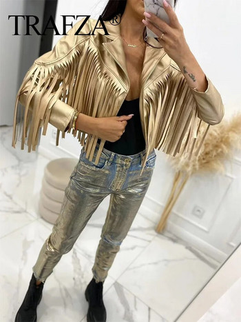 TRAFZA Дамско модно улично яке Ежедневно изрязано златисто палто от изкуствена кожа с дълъг ръкав и пискюл Дамско връхно облекло Шикозен топ
