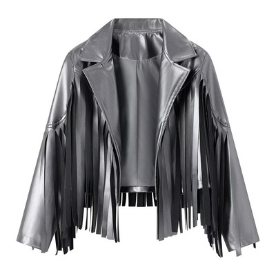 TRAFZA Jachetă Streetwear de modă pentru femei, ocazional, decupată, haină din piele artificială aurie, cu mânecă lungă, cu ciucuri, îmbrăcăminte exterioară pentru femei Top șic