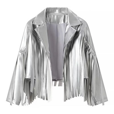 TRAFZA Jachetă Streetwear de modă pentru femei, ocazional, decupată, haină din piele artificială aurie, cu mânecă lungă, cu ciucuri, îmbrăcăminte exterioară pentru femei Top șic