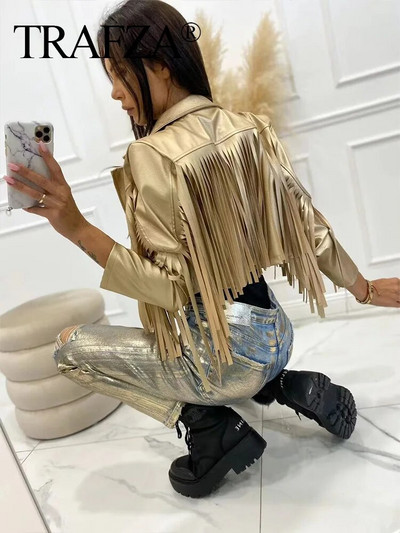 TRAFZA Jachetă Streetwear de modă pentru femei, ocazional, decupată, haină din piele artificială aurie, cu mânecă lungă, cu ciucuri, îmbrăcăminte exterioară pentru femei Top șic