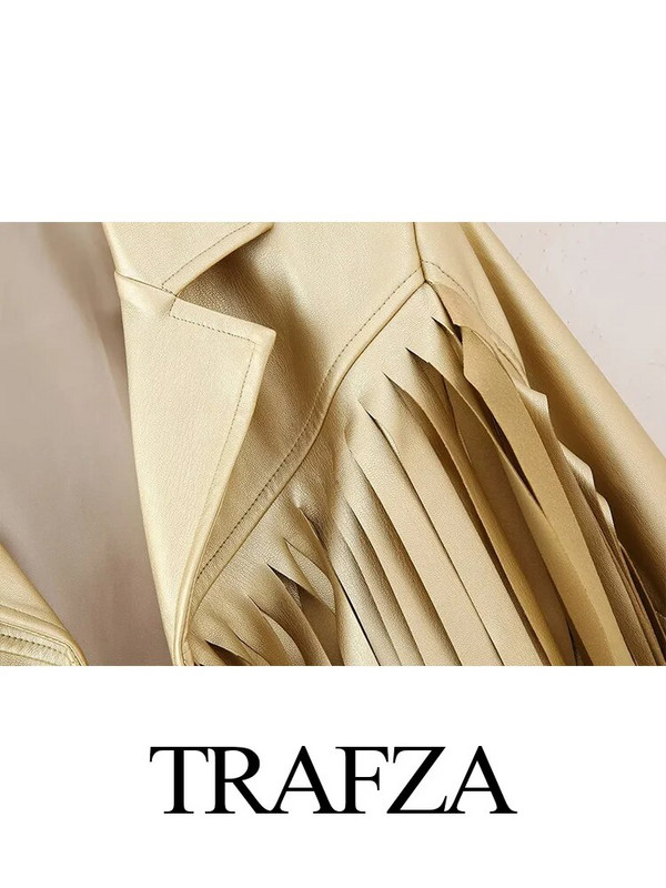TRAFZA Jachetă Streetwear de modă pentru femei, ocazional, decupată, haină din piele artificială aurie, cu mânecă lungă, cu ciucuri, îmbrăcăminte exterioară pentru femei Top șic