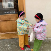 Toamnă Iarnă Bumbac cu imprimeu floral Îmbrăcăminte exterioară pentru copii Moda guler răsturnat Volane Jachetă pentru fete Gros, caldă haină pentru copii 2-6A