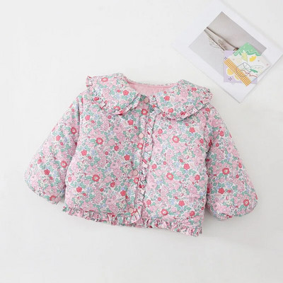 Toamnă Iarnă Bumbac cu imprimeu floral Îmbrăcăminte exterioară pentru copii Moda guler răsturnat Volane Jachetă pentru fete Gros, caldă haină pentru copii 2-6A