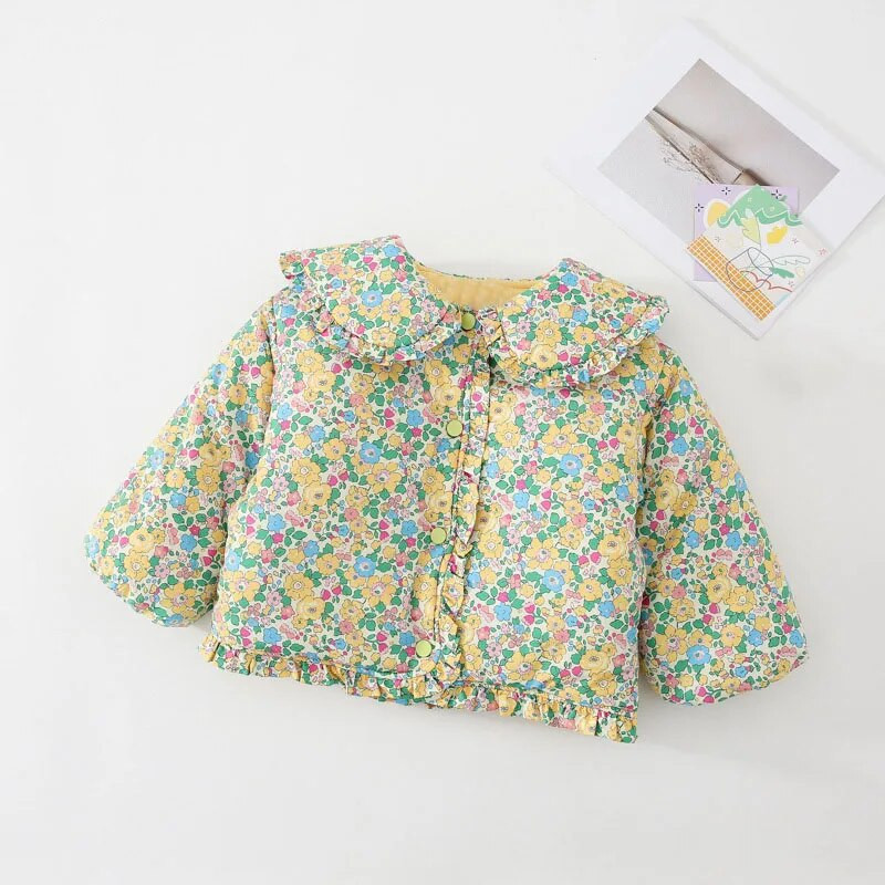 Toamnă Iarnă Bumbac cu imprimeu floral Îmbrăcăminte exterioară pentru copii Moda guler răsturnat Volane Jachetă pentru fete Gros, caldă haină pentru copii 2-6A