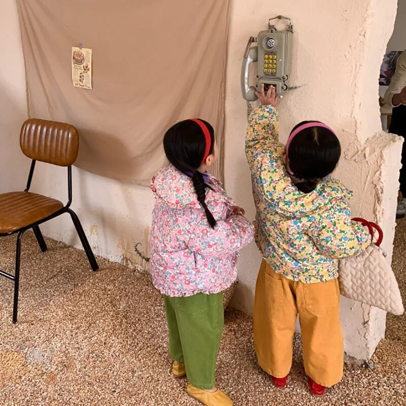 Toamnă Iarnă Bumbac cu imprimeu floral Îmbrăcăminte exterioară pentru copii Moda guler răsturnat Volane Jachetă pentru fete Gros, caldă haină pentru copii 2-6A