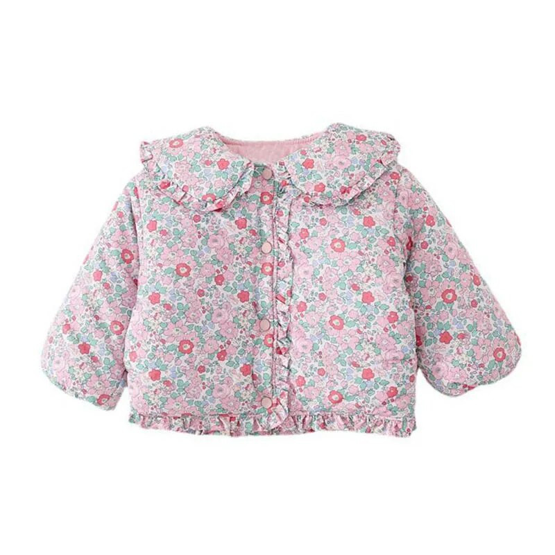 Toamnă Iarnă Bumbac cu imprimeu floral Îmbrăcăminte exterioară pentru copii Moda guler răsturnat Volane Jachetă pentru fete Gros, caldă haină pentru copii 2-6A
