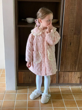 Parkas βαμβακερό παλτό Νέα παιδικά ρούχα Χειμερινά γαλλικά λουλούδια τεμαχισμένα Sweet Flower Edge Γιακάς Δαντέλα μεσαίου μήκους