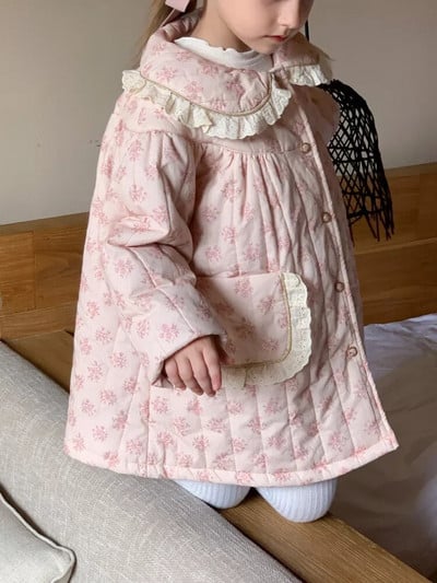 Parky, bavlnený kabát, nové detské oblečenie, zimné francúzske fragmentované kvety, golier so sladkým kvetinovým okrajom, stredná dĺžka, čipka