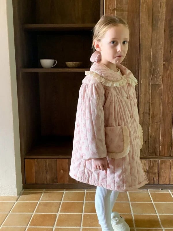 Parky, bavlnený kabát, nové detské oblečenie, zimné francúzske fragmentované kvety, golier so sladkým kvetinovým okrajom, stredná dĺžka, čipka