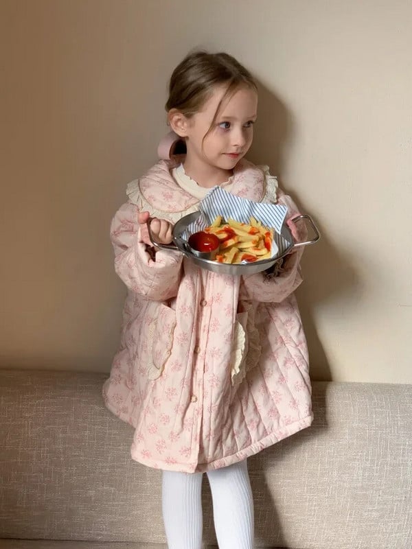 Parky, bavlnený kabát, nové detské oblečenie, zimné francúzske fragmentované kvety, golier so sladkým kvetinovým okrajom, stredná dĺžka, čipka