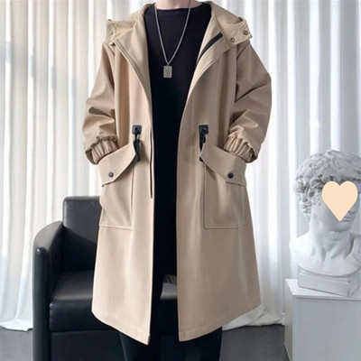 Pikk Trench-mantli jakk meestele Sügisene kevadine hip-hop Jaapani mantlid Tänavarõivad Meeste kapuutsiga Armee vabaaja jakid Kardigan