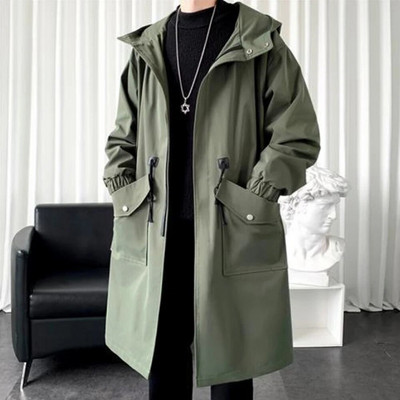 Pikk Trench-mantli jakk meestele Sügisene kevadine hip-hop Jaapani mantlid Tänavarõivad Meeste kapuutsiga Armee vabaaja jakid Kardigan