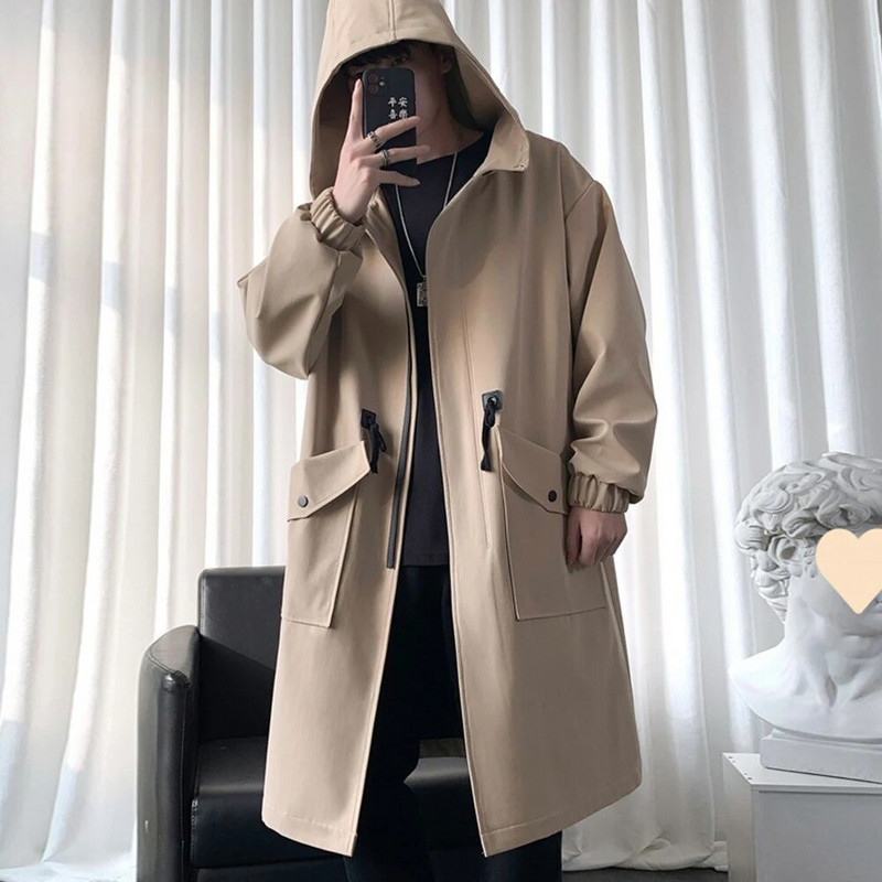 Pikk Trench-mantli jakk meestele Sügisene kevadine hip-hop Jaapani mantlid Tänavarõivad Meeste kapuutsiga Armee vabaaja jakid Kardigan