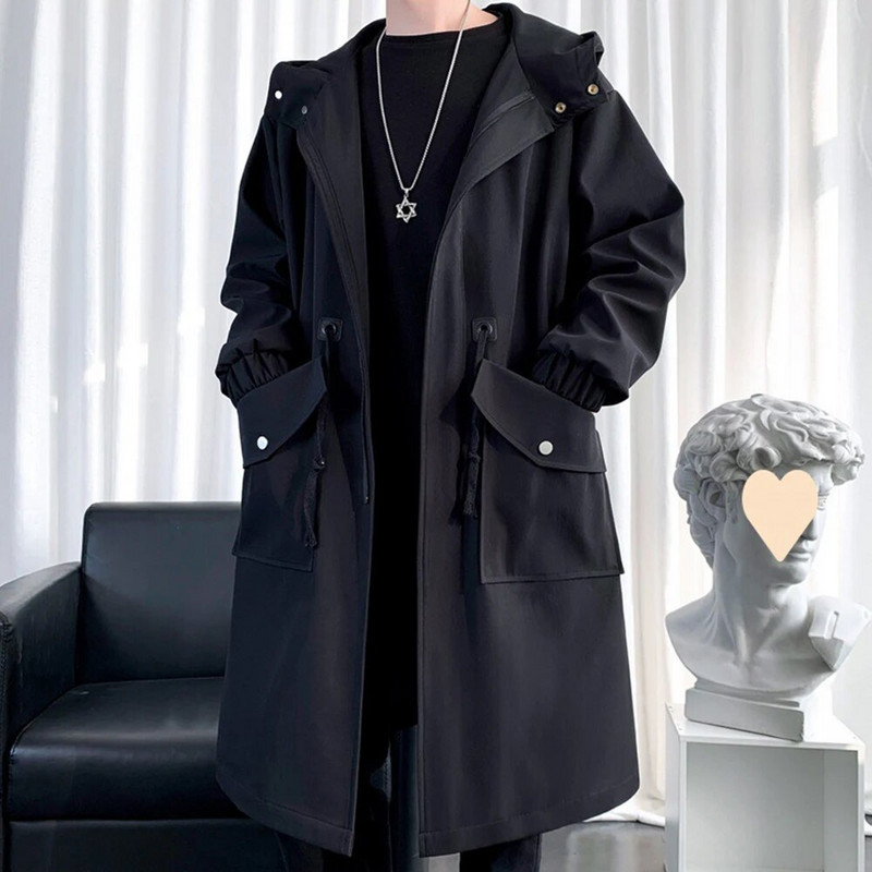 Pikk Trench-mantli jakk meestele Sügisene kevadine hip-hop Jaapani mantlid Tänavarõivad Meeste kapuutsiga Armee vabaaja jakid Kardigan